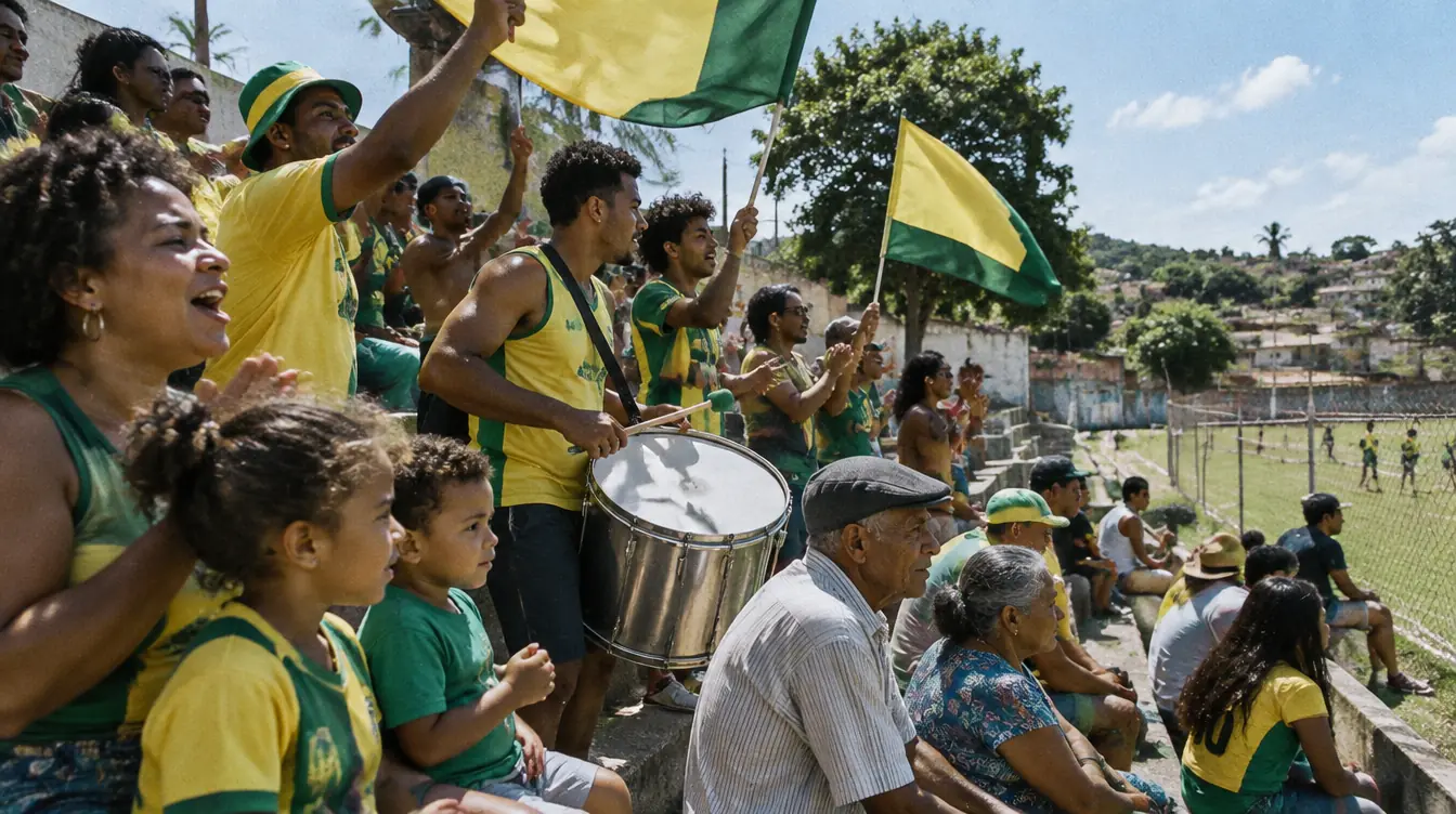 Torcida com bandeiras e tambor na arquibancada de concreto